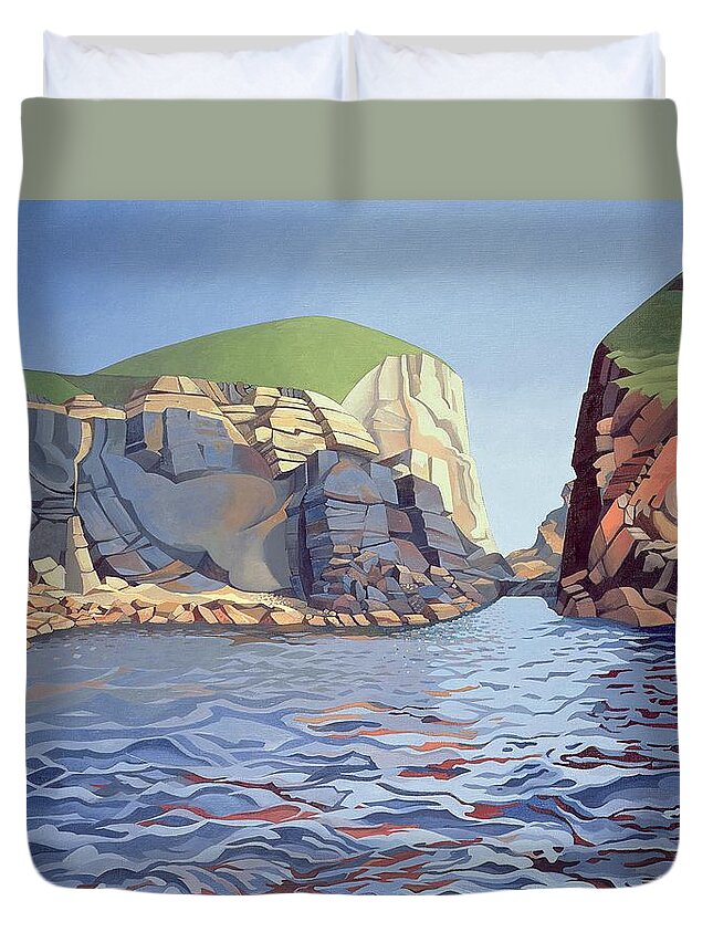 Cove; Cliff; Rocks; Seascape; Coast; Coastal; Cliffs; Rocky; Welsh Landscape; Ravine; Sheer; Rocky; Strata; Geographical; Rock Formation; Geography; Welsh; Ramsey Island; Island; Water Duvet Cover featuring the painting Land and Sea No I - Ramsey Island by Anna Teasdale