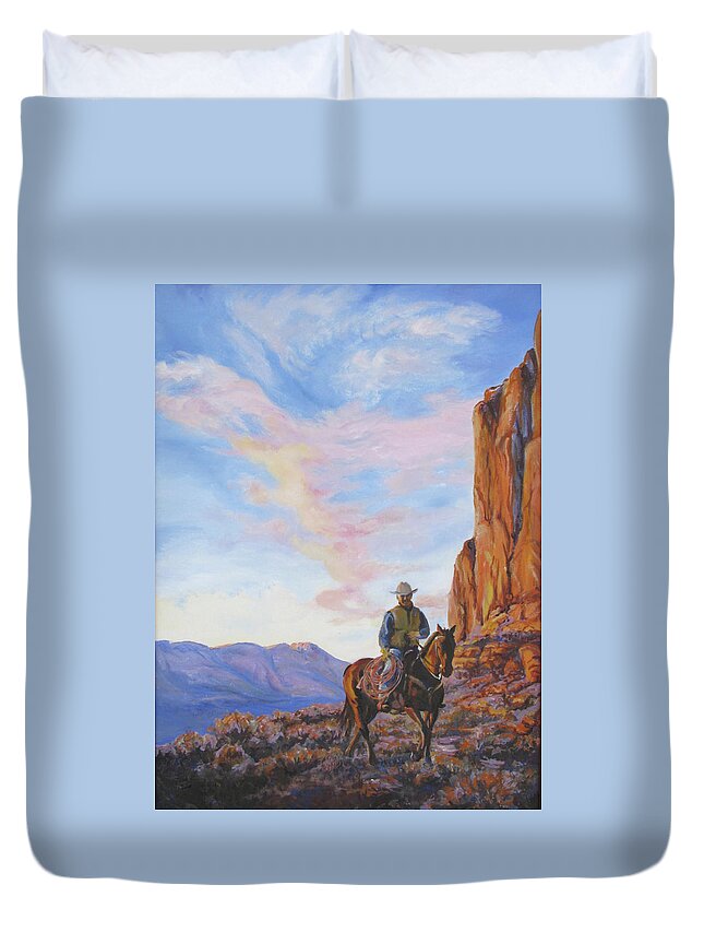 Rider Duvet Cover featuring the painting Last Light With a Mile to Go by Page Holland
