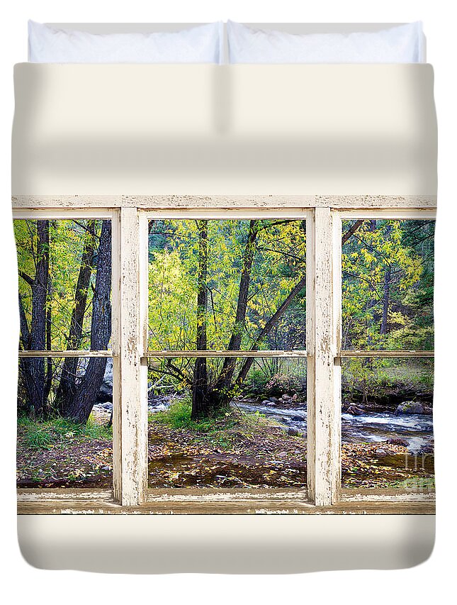 Forest Duvet Cover featuring the photograph Left Hand Creek Rustic Window View Colorado by James BO Insogna