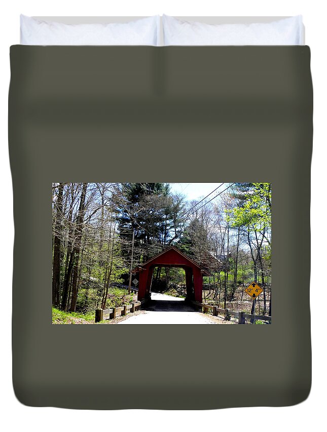 Red Covered Bridge Duvet Cover featuring the photograph Levis Mill Blackwell Brook and Bridge by Kim Galluzzo