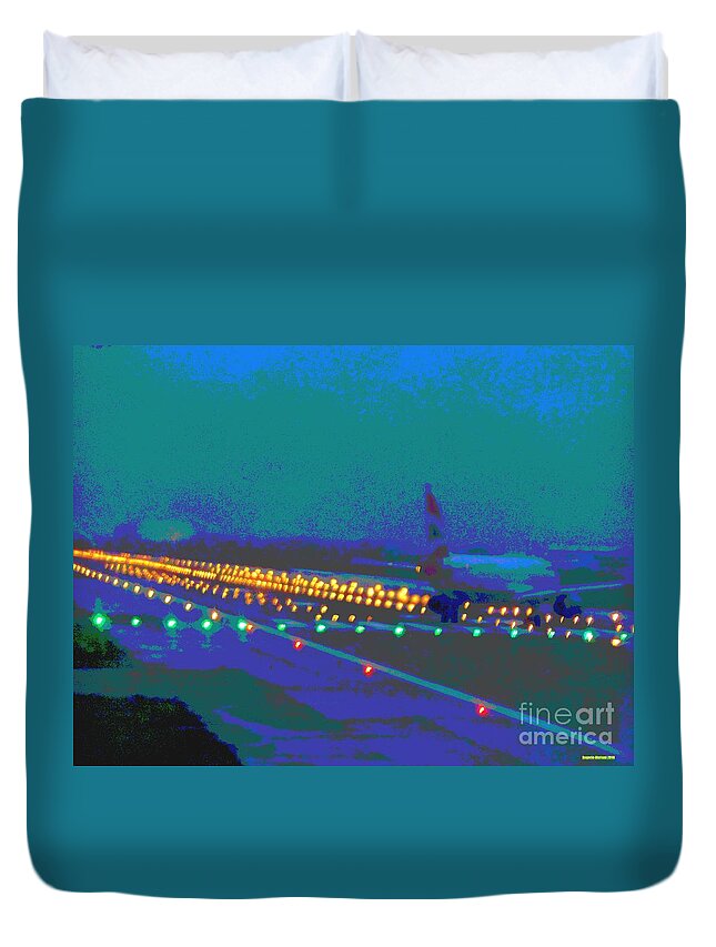 Taxi Runway Airport Lift Off Airfield 737 Rainy Weather.rogerio Mariani Duvet Cover featuring the mixed media Lift Off by Rogerio Mariani