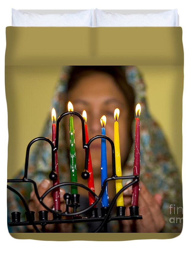 Hanuka Duvet Cover featuring the photograph Lighting the Chanukia by Yossi Aptekar