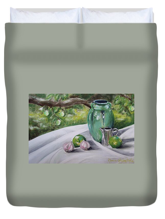Still Life Duvet Cover featuring the painting Limes and Mirabelles by Marie-Claire Dole