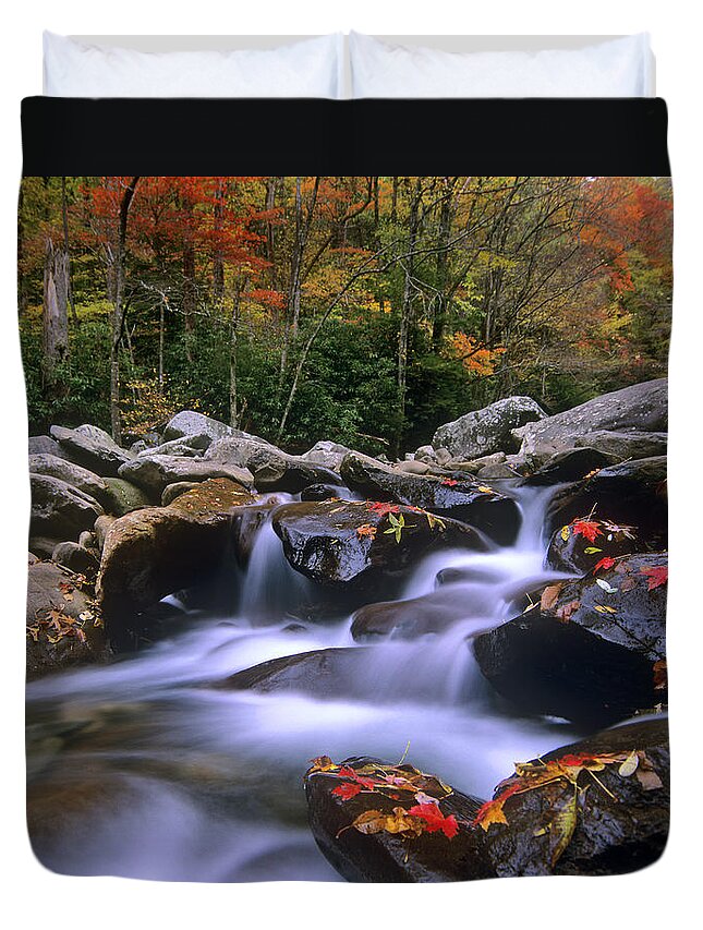 00176692 Duvet Cover featuring the photograph Little Pigeon River Cascading Among by Tim Fitzharris