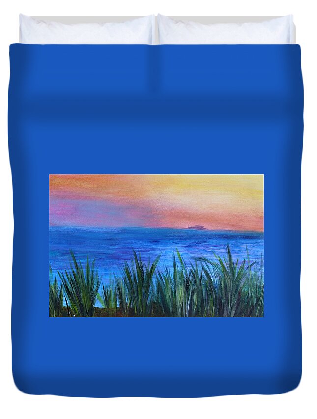 Beach Grass Duvet Cover featuring the painting Long Island Sound Sunset by Donna Walsh
