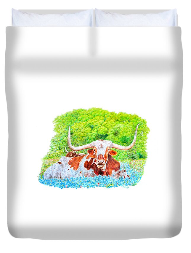 Animal Duvet Cover featuring the drawing Longhorns in Bluebonnets by Mike Ivey