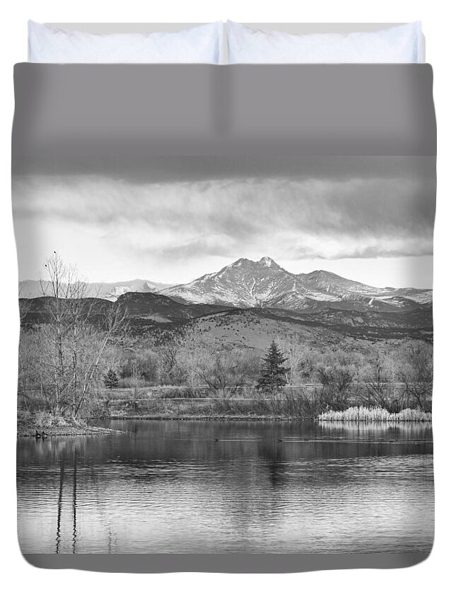 'longs Peak' Duvet Cover featuring the photograph Longs Peak and Mt Meeker Sunrise at Golden Ponds BW by James BO Insogna