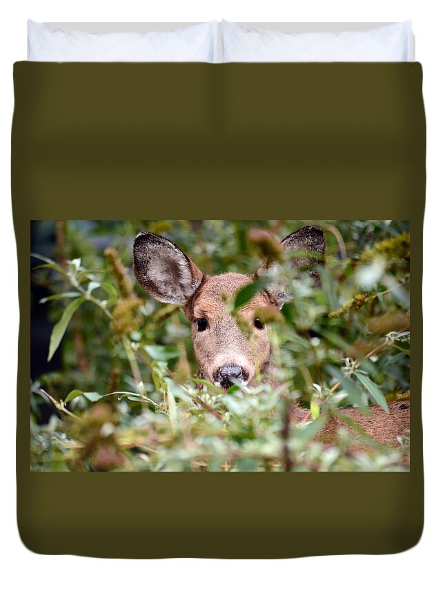 Deer Duvet Cover featuring the photograph Look What I Found In My Garden by Lori Tambakis