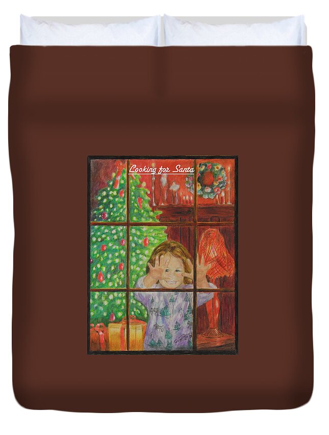 Christmas Card Duvet Cover featuring the drawing Looking for Santa by Quwatha Valentine