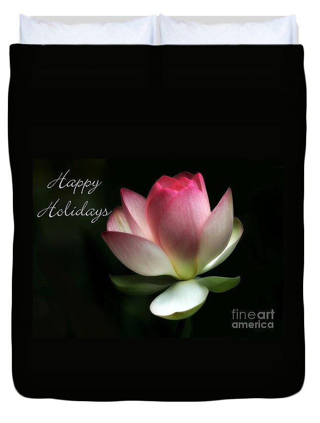 Lotus Duvet Cover featuring the photograph Lotus Flower Holiday Card by Sabrina L Ryan