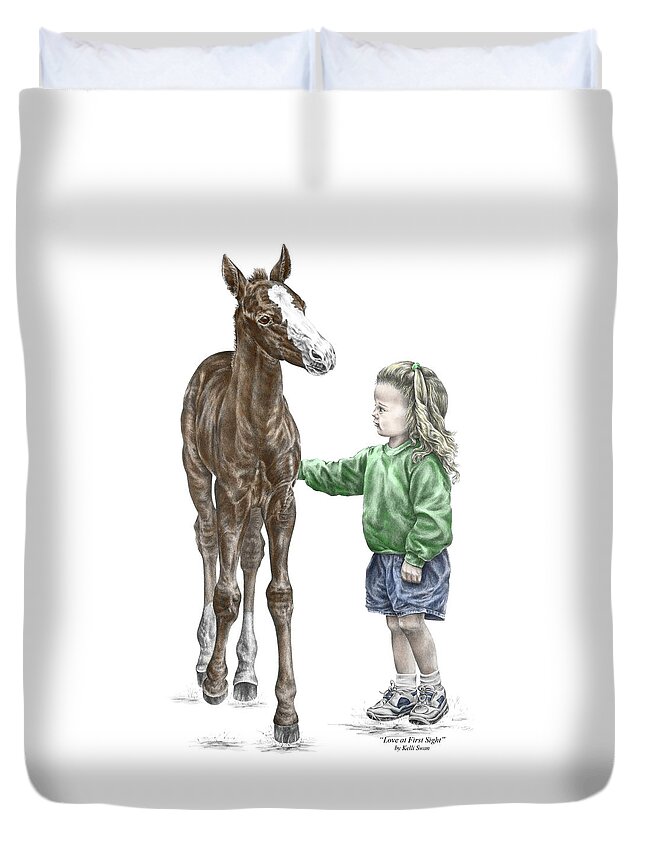 Horse Duvet Cover featuring the drawing Love at First Sight - Girl and Horse Print color tinted by Kelli Swan