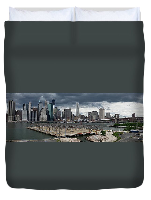 Brooklyn Duvet Cover featuring the photograph Lower Manhattan from Brooklyn panorama 2 by Gary Eason