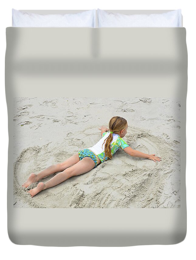 Sand Duvet Cover featuring the photograph Making a Sand Angel by Maureen E Ritter
