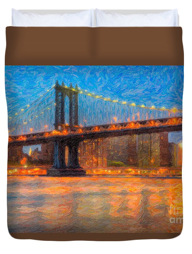 Clarence Holmes Duvet Cover featuring the photograph Manhattan Bridge Twilight Impasto by Clarence Holmes