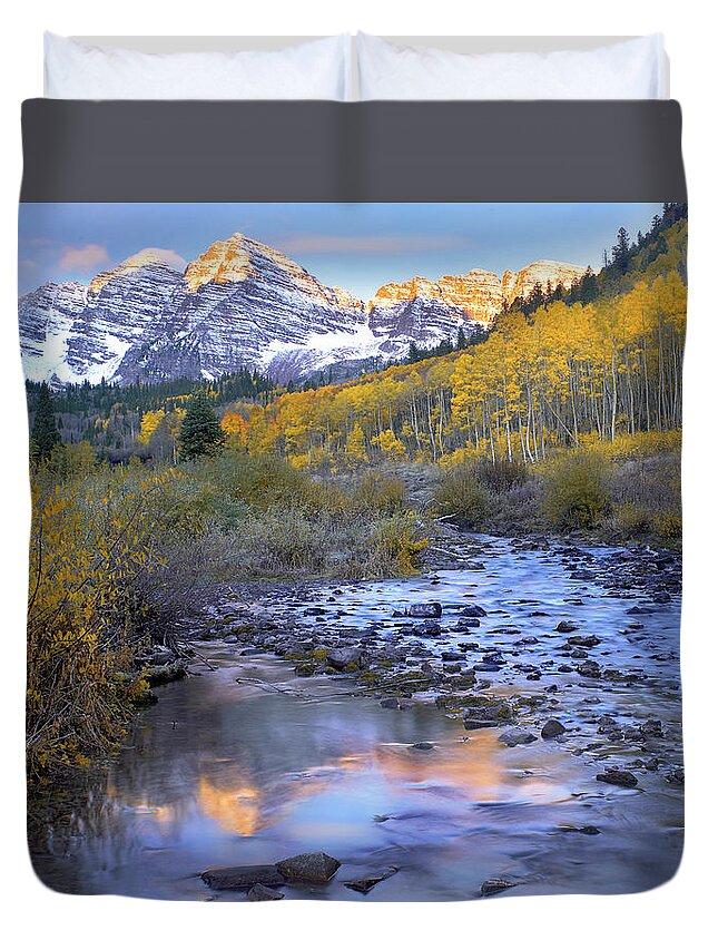 00175168 Duvet Cover featuring the photograph Maroon Bells And Maroon Creek In Autumn by Tim Fitzharris
