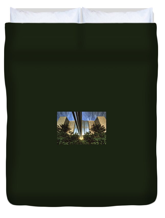 Mayo Clinic Rochester Minnesota Reflection Medical Hospital Trees Sunset Duvet Cover featuring the photograph Mayo squared by Tom Gort