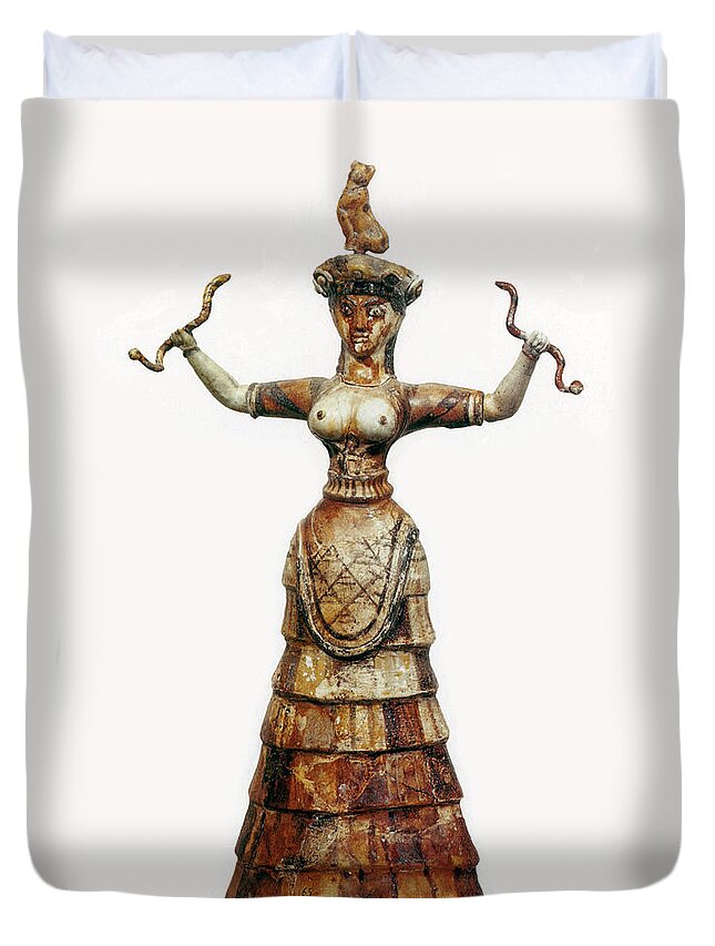 History Duvet Cover featuring the photograph Minoan Snake Goddess by Photo Researchers