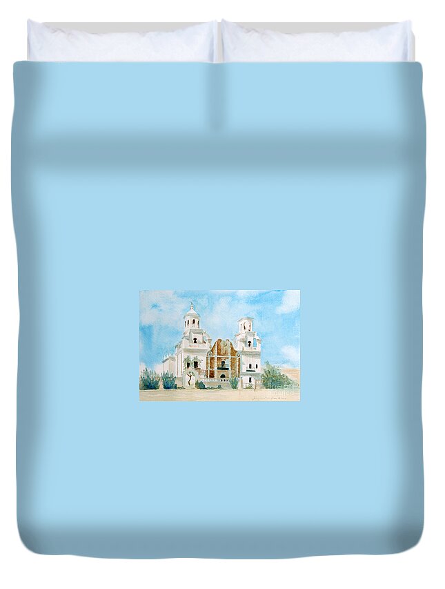 Mission Duvet Cover featuring the painting Mission San Xavier del Bac by Jackie Irwin