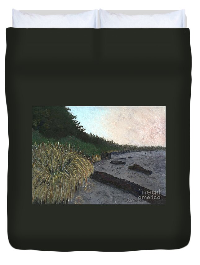 Tofino Duvet Cover featuring the pastel Misty Beach by Ginny Neece