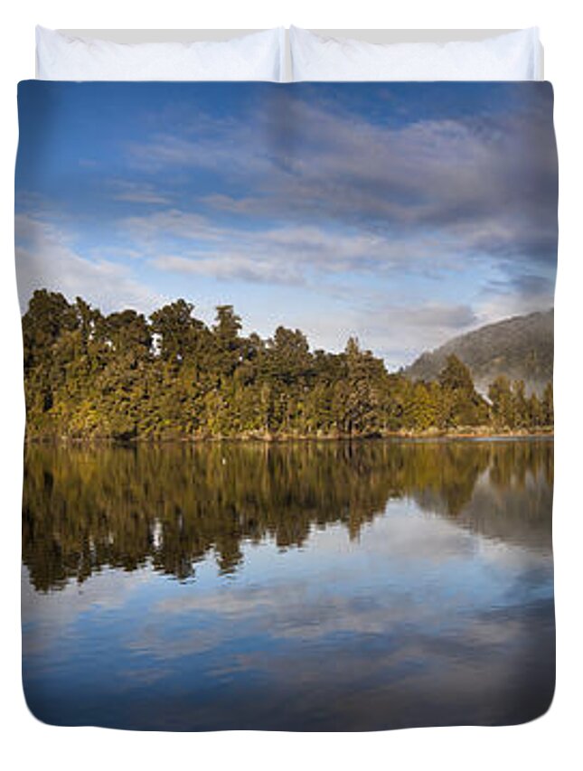 Hhh Duvet Cover featuring the photograph Misty Lake Mapourika Inwestland Np New by Colin Monteath