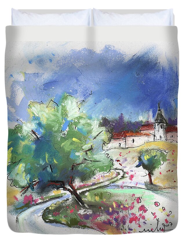 France Duvet Cover featuring the painting Monpazier in France 04 by Miki De Goodaboom