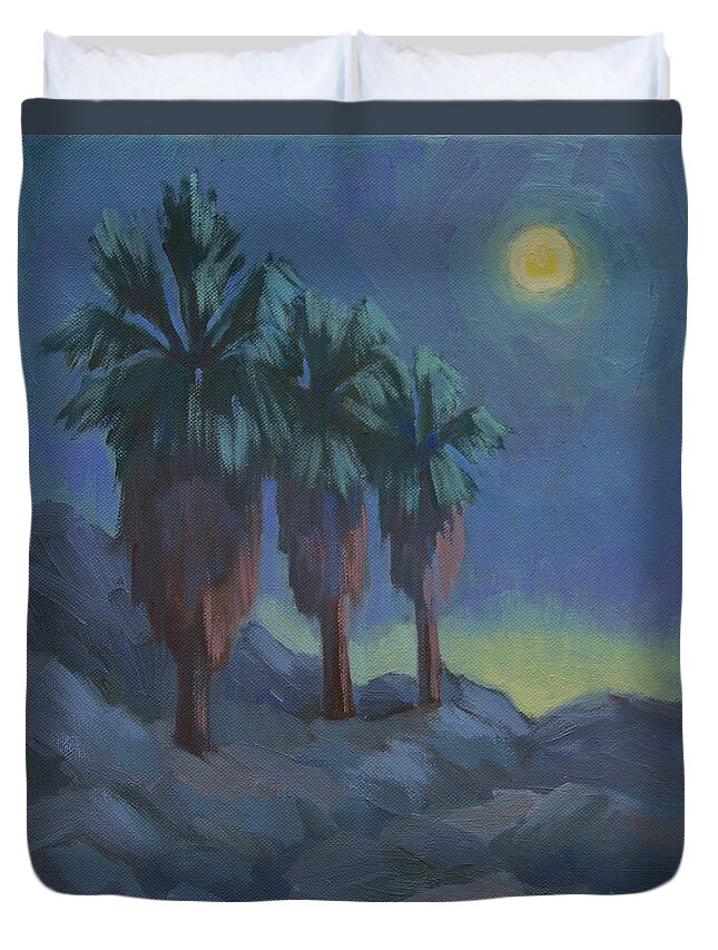 Desert Duvet Cover featuring the painting Moonrise and Three Palms by Diane McClary