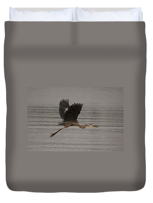 Heron Duvet Cover featuring the photograph Morning flight by Eunice Gibb