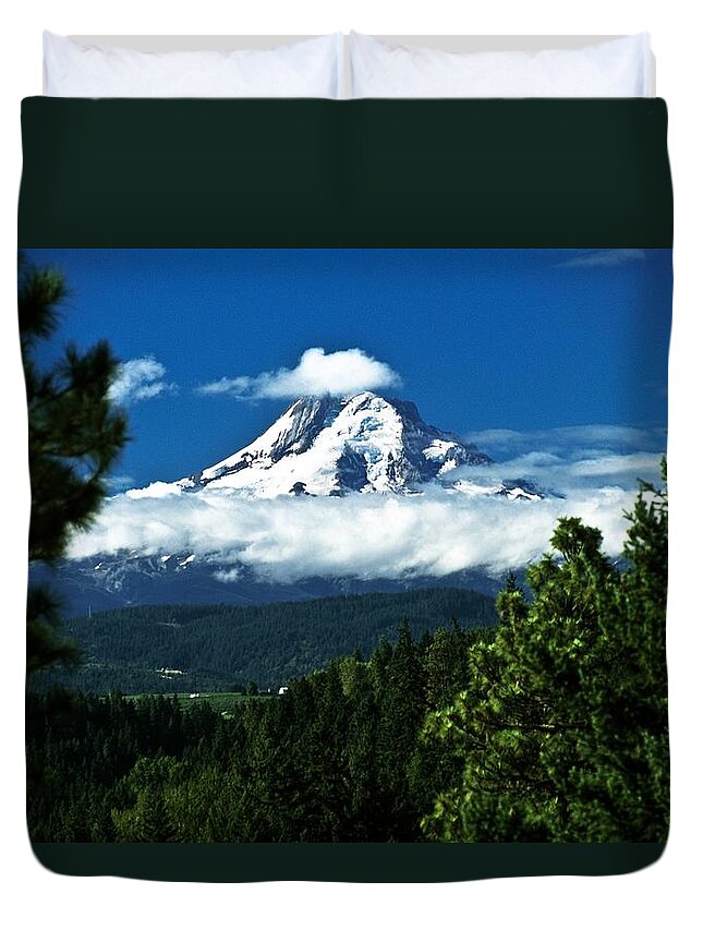 Clouds Duvet Cover featuring the photograph Mount Hood Framed By Trees, Oregon, Usa by John Doornkamp