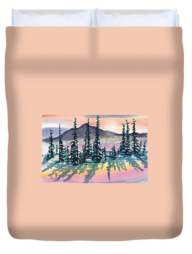 Mountains Duvet Cover featuring the painting Mountain Sunrise by Frank SantAgata