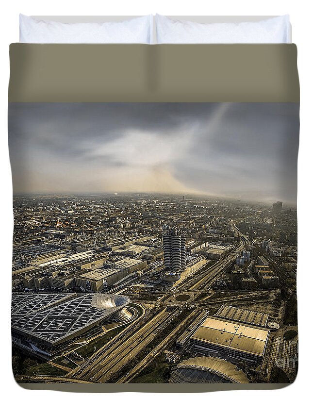Architecture Duvet Cover featuring the photograph Munich from above - vintage part by Hannes Cmarits