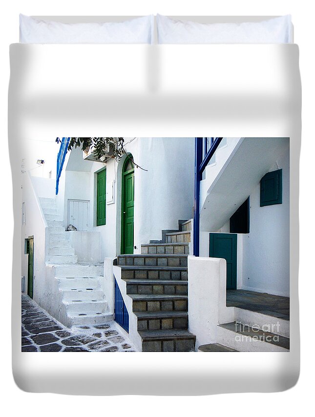 Mykonos Duvet Cover featuring the photograph Mykonos Stairs by Rebecca Margraf