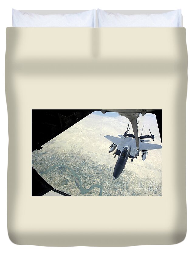 Horizontal Duvet Cover featuring the photograph N F-15e Strike Eagle Receives Fuel by Stocktrek Images