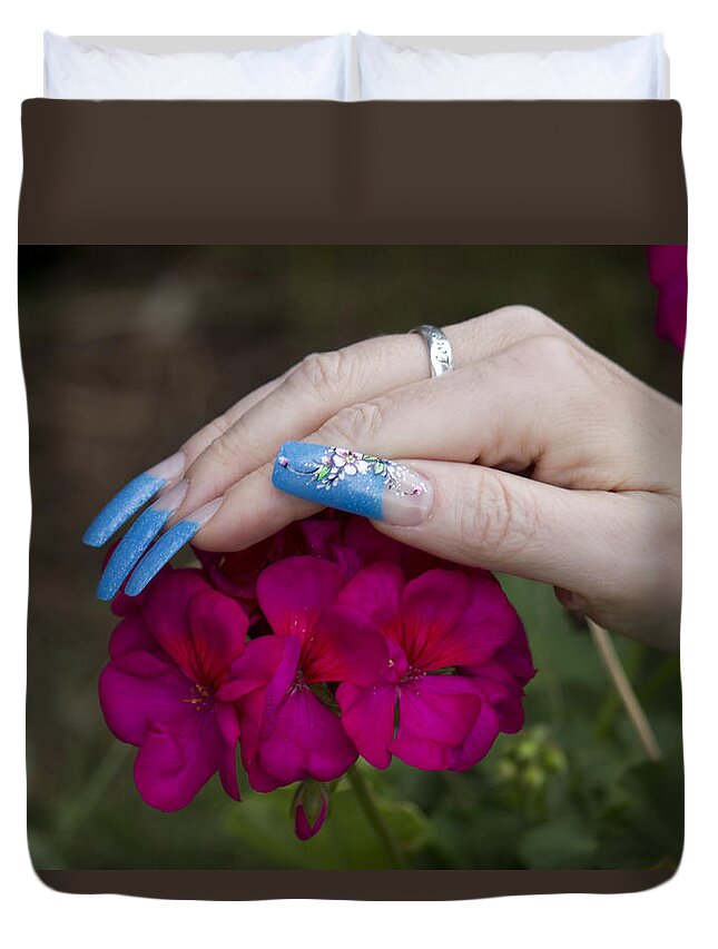 Landscape Duvet Cover featuring the photograph Nails and Geranium by Donna L Munro