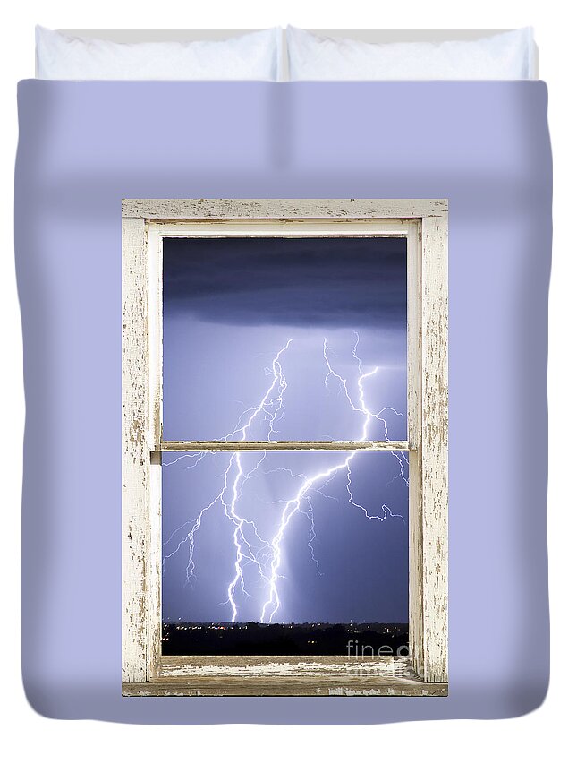 Windows Duvet Cover featuring the photograph Nature Strikes White Rustic Barn Picture Window Frame Photo Art by James BO Insogna
