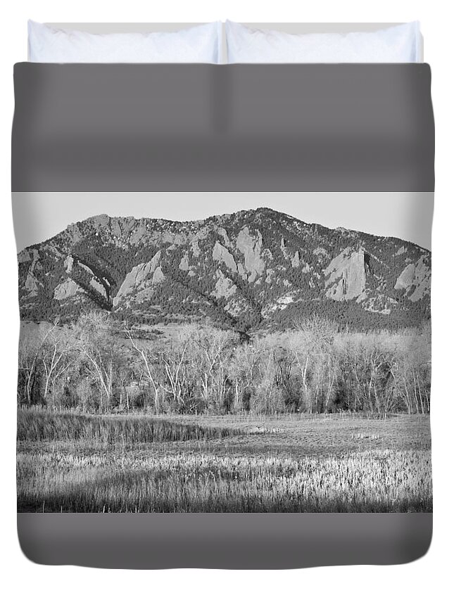 'flatiron' Duvet Cover featuring the photograph NCAR and Flatiron View Boulder Colorado BW by James BO Insogna