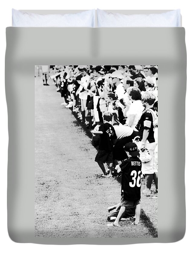 Pittsburgh Duvet Cover featuring the photograph Number 1 Bettis Fan - Black and White by Angela Rath