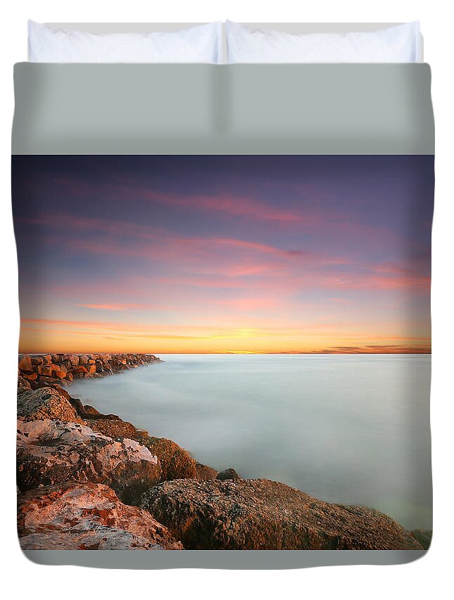 Clouds Duvet Cover featuring the photograph Oceanside Harbor Jetty Sunset by Larry Marshall