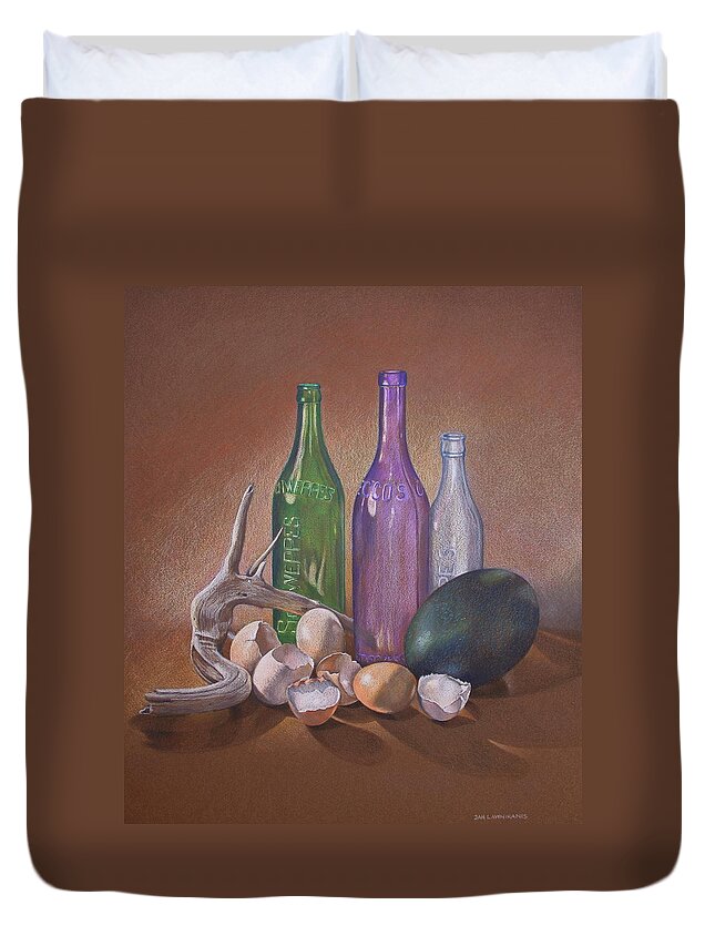 Jan Lawnikanis Duvet Cover featuring the drawing Old Bottles Egg Shells and Driftwood by Jan Lawnikanis