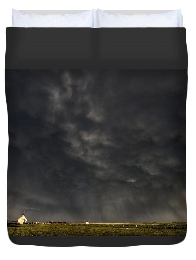 Cross Duvet Cover featuring the digital art Old Country Church by Mark Duffy