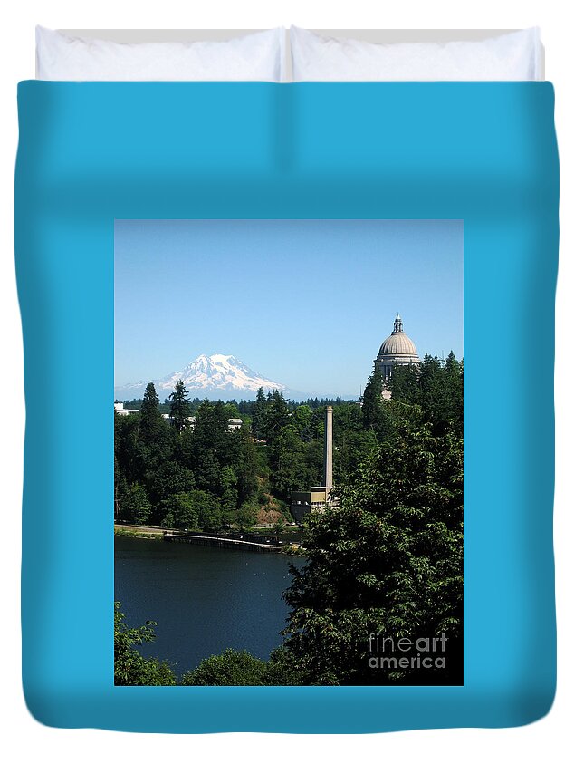 The Bay In Olympia Duvet Cover featuring the photograph Olympia WA Capitol and Mt Rainier by Phyllis Kaltenbach