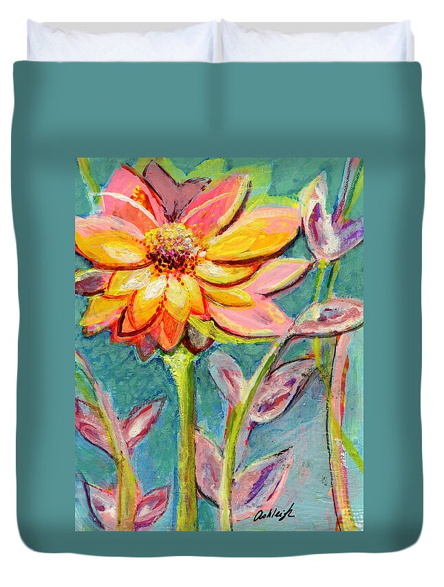 Flower Duvet Cover featuring the painting One Pink Flower by Ashleigh Dyan Bayer