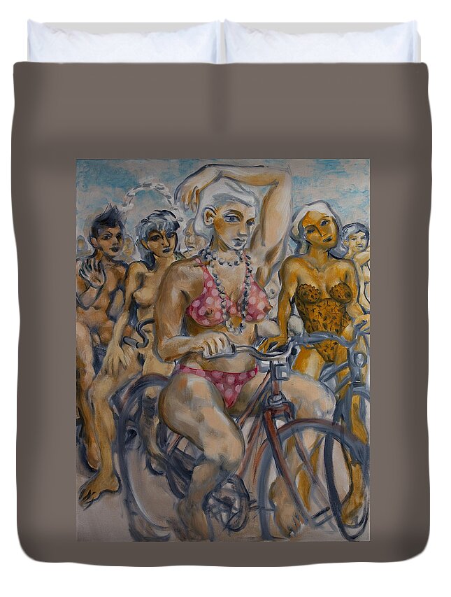 Nudes Duvet Cover featuring the painting Painted ladies on the naked bike ride take a break in view of the London Eye by Peregrine Roskilly