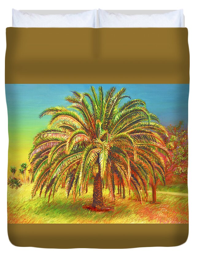  Duvet Cover featuring the painting Palm Candy by Nancy Tilles