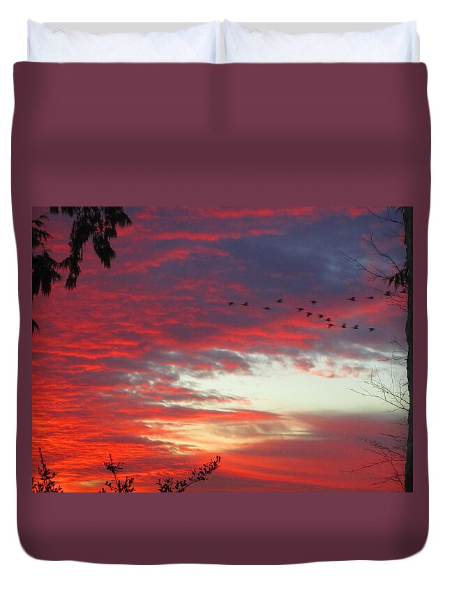 Peach Duvet Cover featuring the photograph Papaya Colored Sunset with Geese by Kym Backland