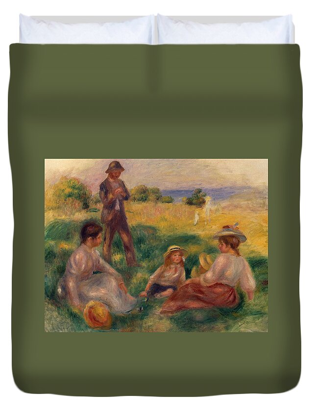 Impressionist; Impressionism; Rural; Countryside; French; Haute-normandie; Normandy; Seated; Leisure; Children; Family Duvet Cover featuring the painting Party in the Country at Berneval by Pierre Auguste Renoir