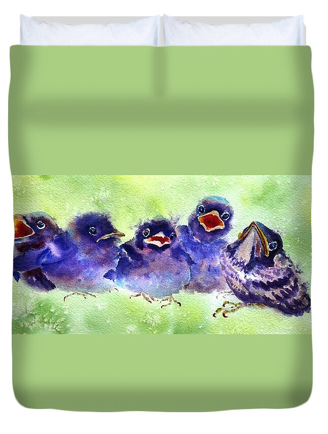 Baby Birds Duvet Cover featuring the painting Party of Five by Ruth Kamenev