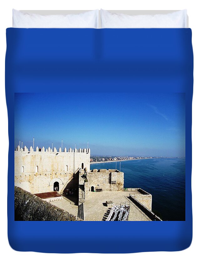 Peniscola Duvet Cover featuring the photograph Peniscola Beach Castle Sea View At the Mediterranean in Spain by John Shiron
