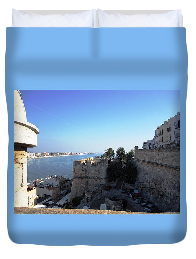 Peniscola Duvet Cover featuring the photograph Peniscola Panoramic View At the Mediterranean Sea in Spain by John Shiron