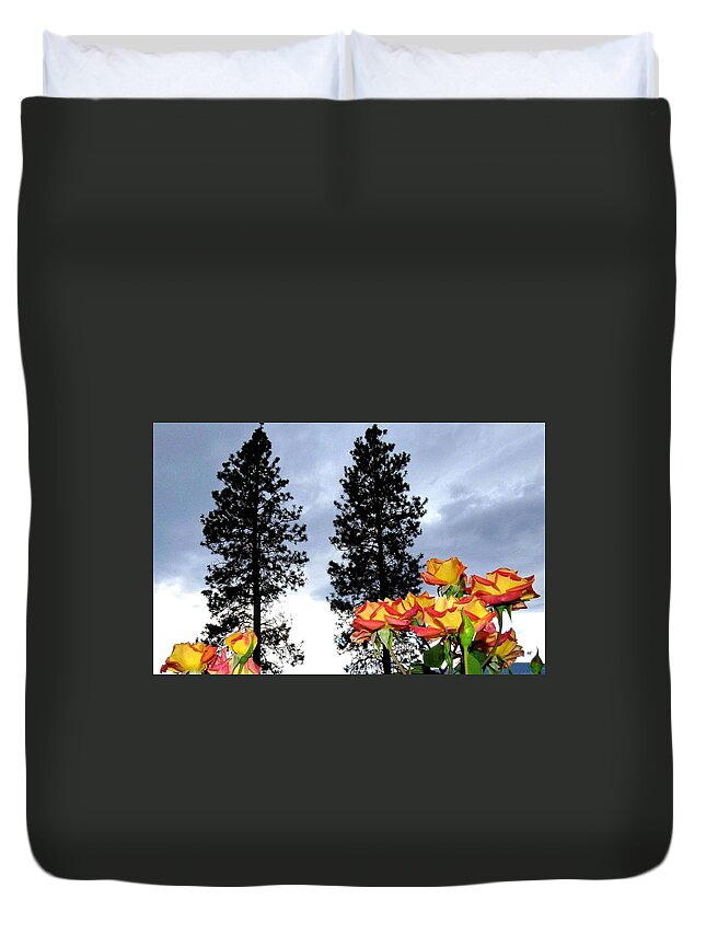 Pine Trees Duvet Cover featuring the photograph Pine Trees And Roses by Will Borden