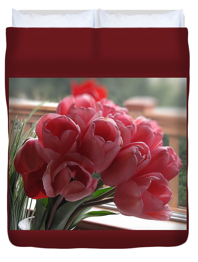 Pink Duvet Cover featuring the photograph Pink Tulips in Vase by KATIE Vigil